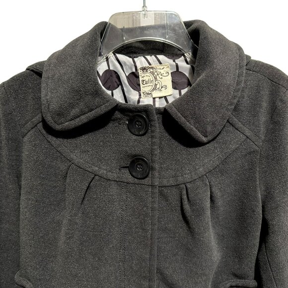 Anthropologie Tulle Gray Flannel Jacket Sz M Hood Cropped Lined Snap Front - Picture 3 of 6